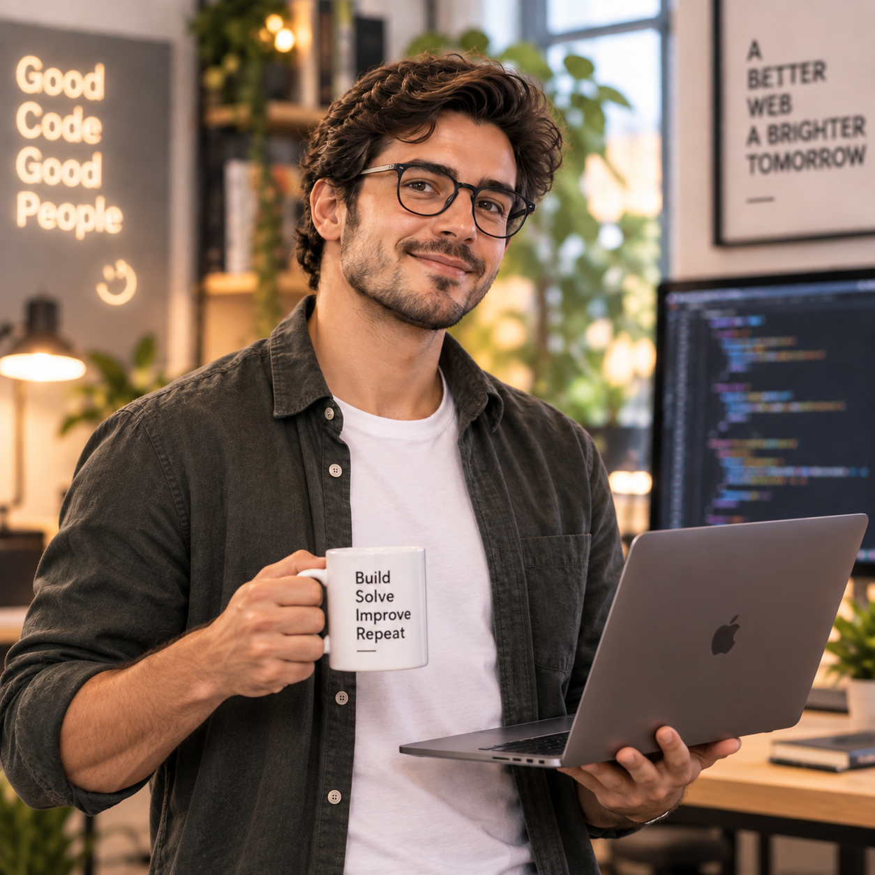 Nick smiling and holding a laptop